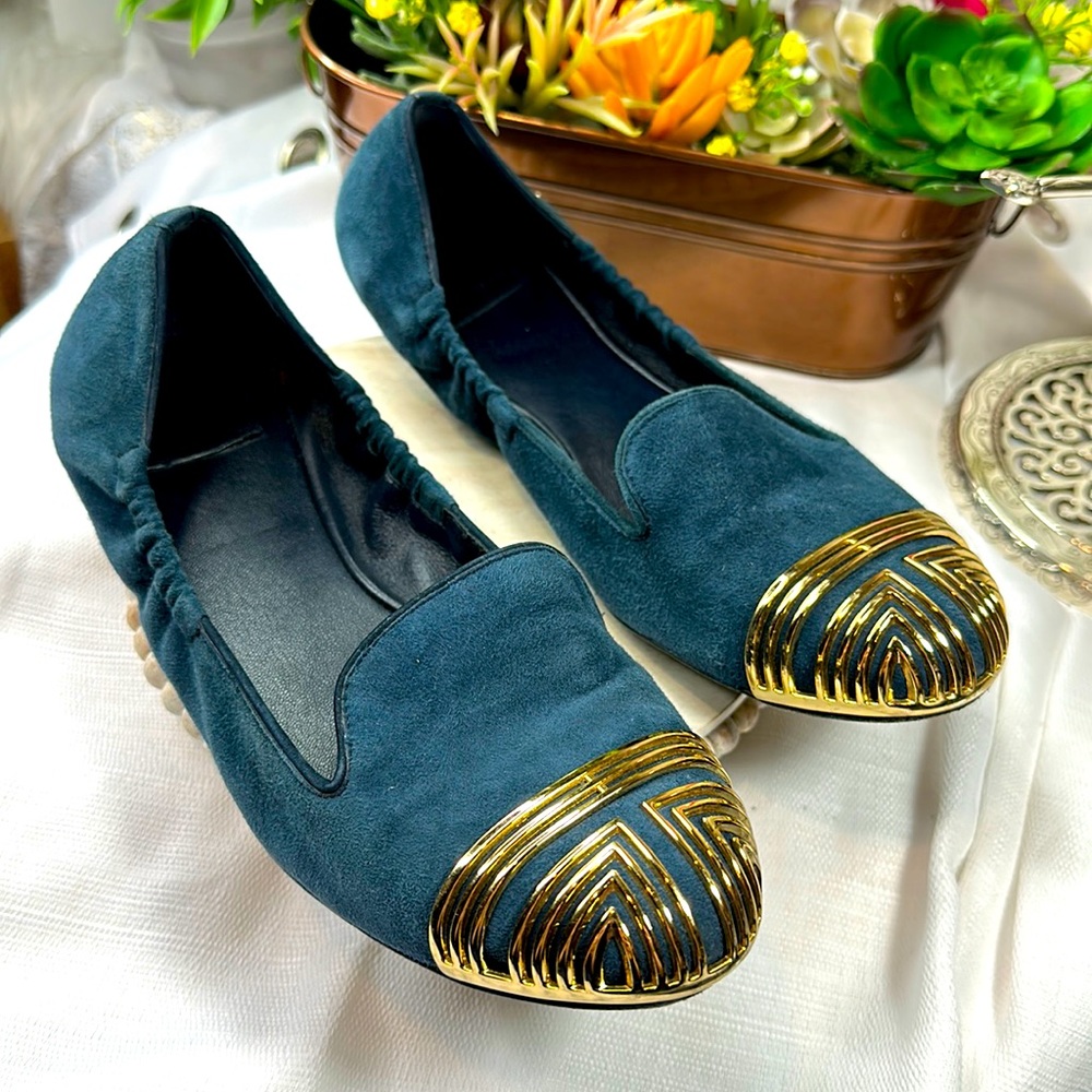 Tory Burch Gold Metal loafers flats blue suede 10 M